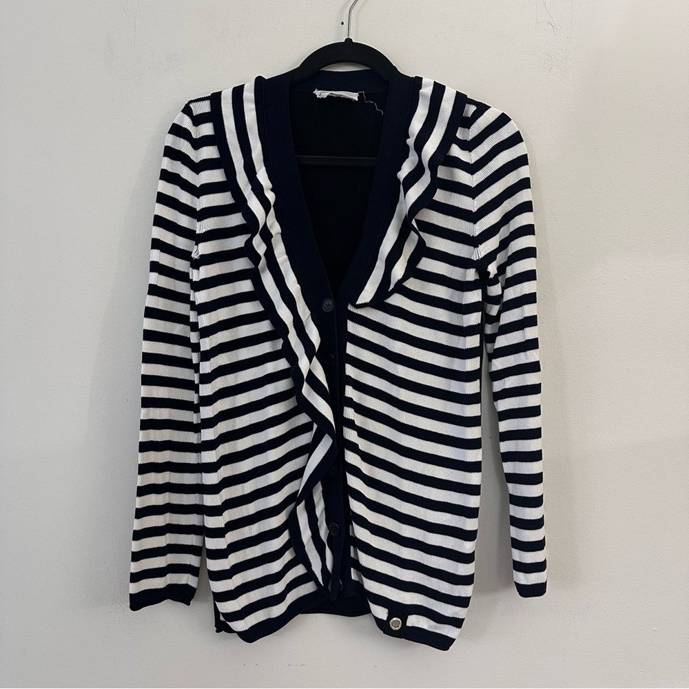 Vintage Sonia Rykiel Paris Stripe Cardigan Ruffle Knit Sweater Navy White Sz. M